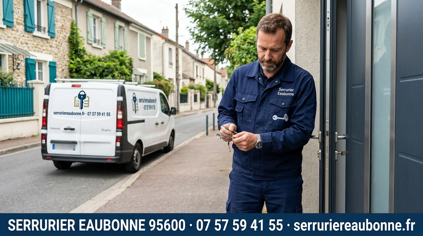 Serrurier Eaubonne 95600 en intervention avec bannière coordonnées